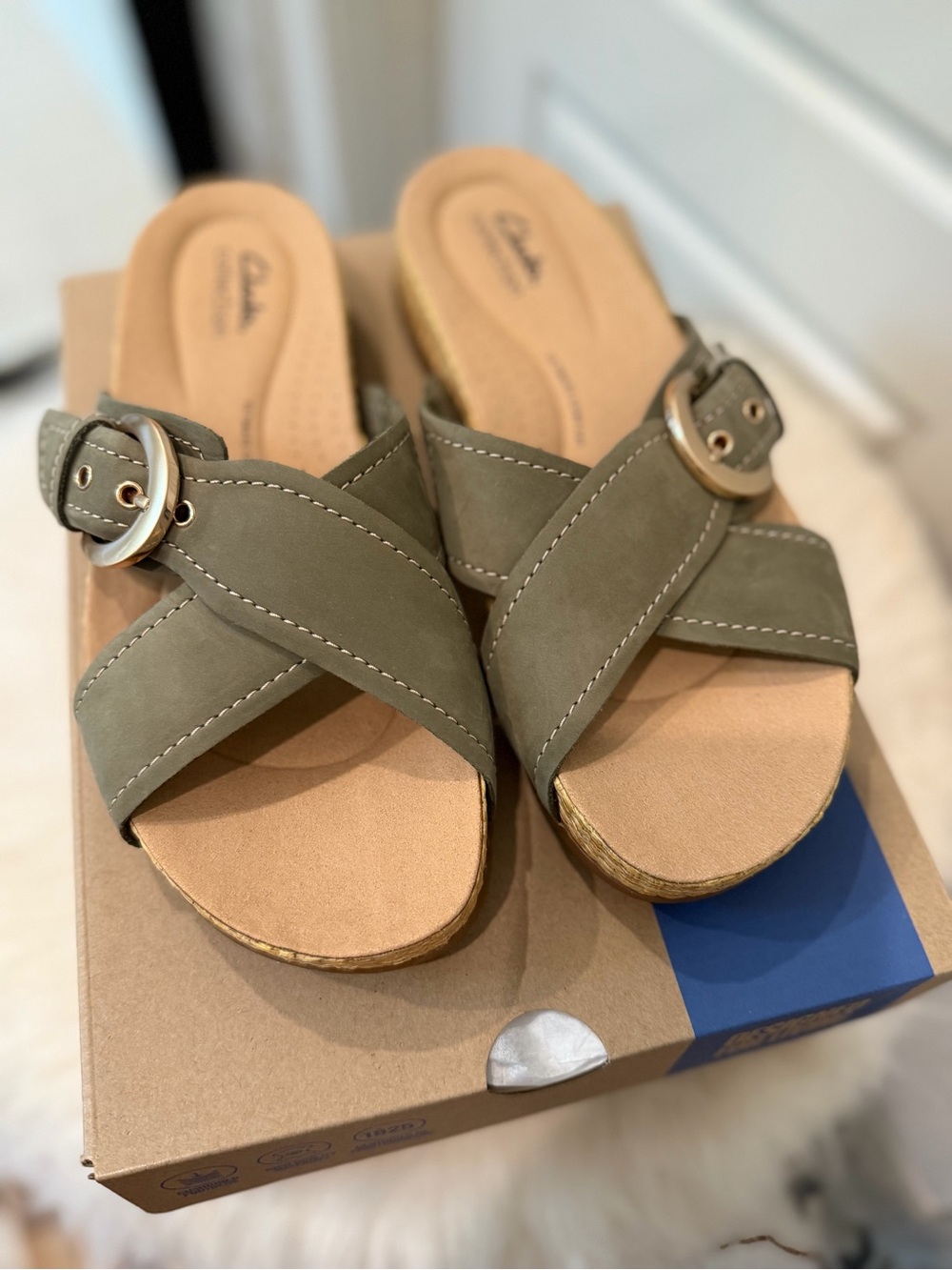 Clarks Olive Crisscross Slide Sandals with Buckle